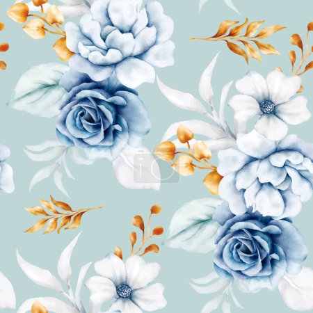 Téléchargez les illustrations : Beau motif floral sans couture bleu blanc et or - en licence libre de droit