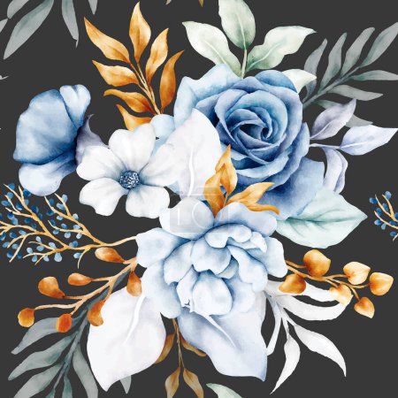 Téléchargez les illustrations : Beau motif floral sans couture bleu blanc et or - en licence libre de droit