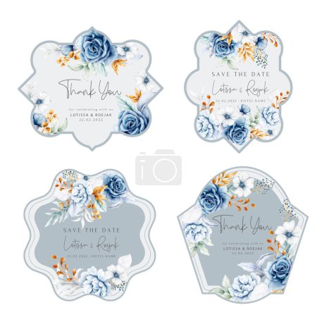 Ilustración de Hermosa colección de etiquetas florales azul blanco y oro - Imagen libre de derechos