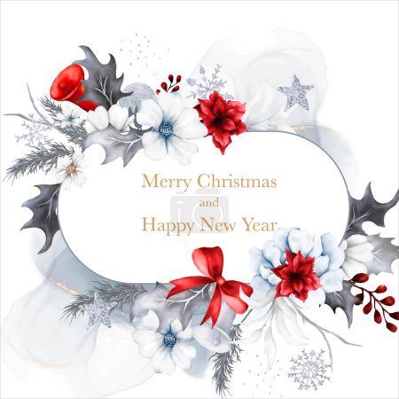 Ilustración de Tarjeta de Navidad y año nuevo con acuarela adorno de Navidad blanco floral y rojo - Imagen libre de derechos