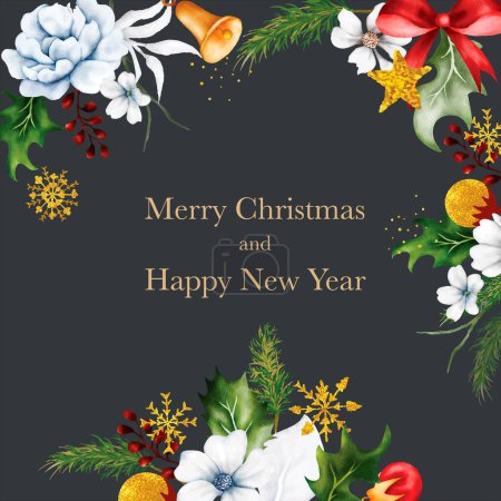 Téléchargez les illustrations : Carte de Noël et nouvelle année avec aquarelle fleur et feuilles de Noël - en licence libre de droit