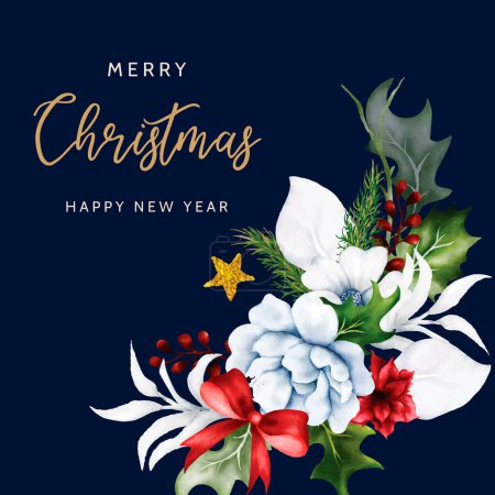 Illustration for Christmas and new year card with watercolor Christmas flower and leaves - Royalty Free Image