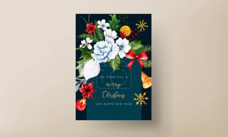 Téléchargez les illustrations : Carte de Noël et nouvelle année avec aquarelle fleur et feuilles de Noël - en licence libre de droit