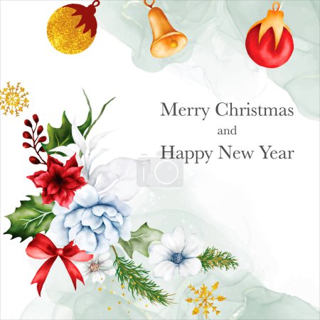 Illustration for Christmas and new year card with watercolor Christmas flower and leaves - Royalty Free Image