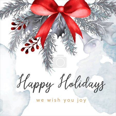 Téléchargez les illustrations : Carte de Noël et nouvelle année avec aquarelle fleurie blanche et ornement de Noël rouge - en licence libre de droit