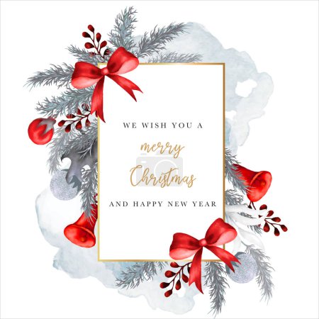 Illustration for Christmas and new year card with watercolor white  floral and red Christmas ornament - Royalty Free Image