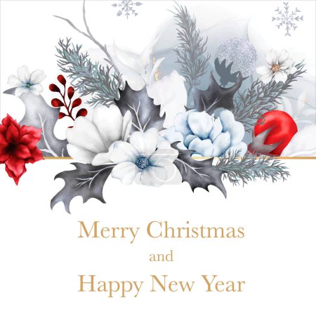 Ilustración de Tarjeta de Navidad y año nuevo con acuarela adorno de Navidad blanco floral y rojo - Imagen libre de derechos