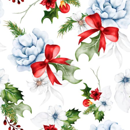Téléchargez les illustrations : Beau motif sans couture floral et ornement de Noël - en licence libre de droit