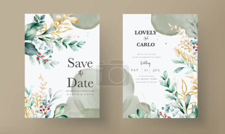 Illustration for Floral engagement invitation template with leaves watercolor - Royalty Free Image