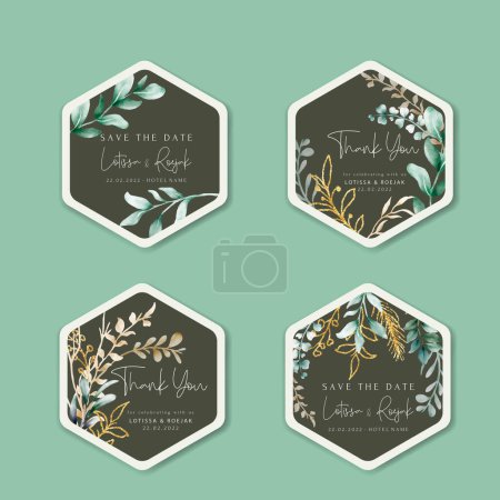 Illustration for Hand drawn greenery and gold leaves label collection - Royalty Free Image