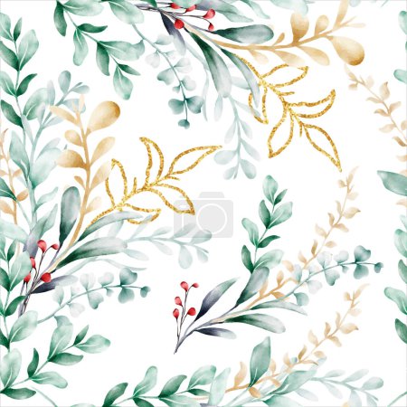 Illustration for Hand drawn greenery and gold leaves pattern - Royalty Free Image