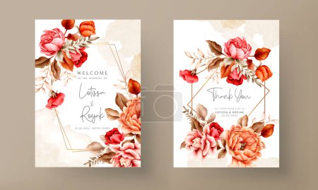 Téléchargez les illustrations : Modèle d'invitation de mariage avec des roses élégantes aquarelle brun - en licence libre de droit