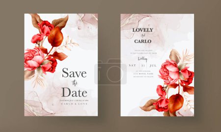 Téléchargez les illustrations : Modèle d'invitation de mariage avec des roses élégantes aquarelle brun - en licence libre de droit