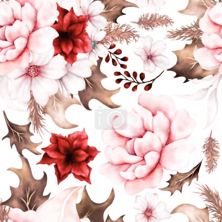 Téléchargez les illustrations : Aquarelle fleur rose sans couture et feuilles séchées - en licence libre de droit
