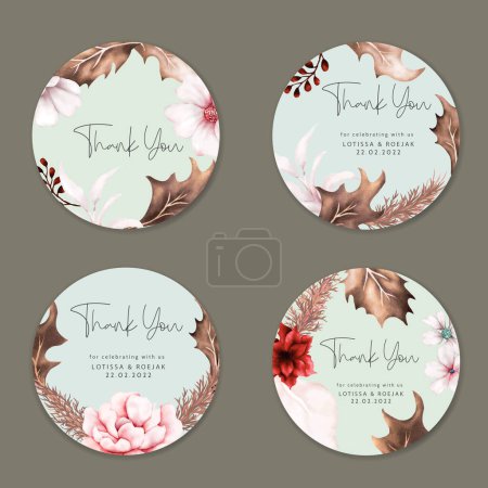 Illustration for Watercolor rose flower and dried leaves label collection - Royalty Free Image