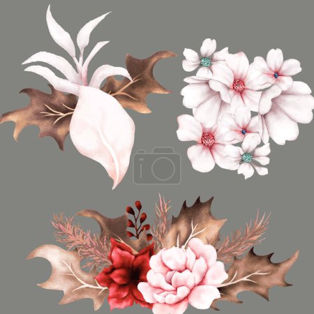 Ilustración de Hermoso ramo floral con rosas y hojas secas - Imagen libre de derechos