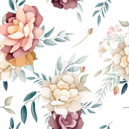 Téléchargez les illustrations : Belle fleur de motif sans couture dessinée à la main et feuilles - en licence libre de droit