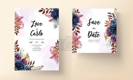 Téléchargez les illustrations : Modèle élégant de carte de mariage avec fleur bleue classique et feuilles - en licence libre de droit