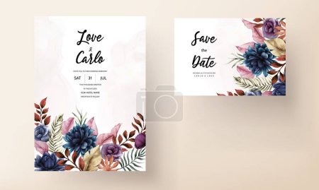 Téléchargez les illustrations : Modèle élégant de carte de mariage avec fleur bleue classique et feuilles - en licence libre de droit