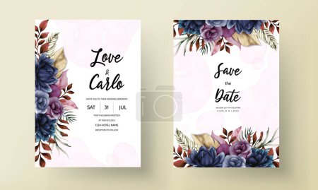 Illustration for Elegant wedding card template with classic blue flower and leaves - Royalty Free Image