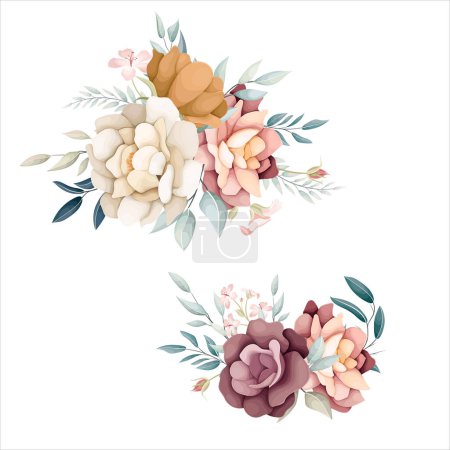 Ilustración de Conjunto de arreglos florales flor y hojas ilustración floral para tarjeta de boda - Imagen libre de derechos