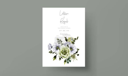 Ilustración de Hermosa plantilla de tarjeta de invitación de boda con rosas blancas y verdes - Imagen libre de derechos