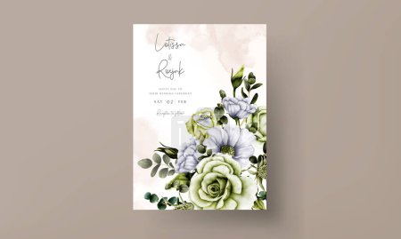 Illustration for Beautiful wedding invitation card template with white and green roses - Royalty Free Image