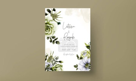 Illustration for Beautiful wedding invitation card template with white and green roses - Royalty Free Image