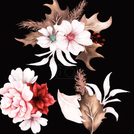 Téléchargez les illustrations : Bouquet floral boho avec aquarelle fleur marron et rouge - en licence libre de droit