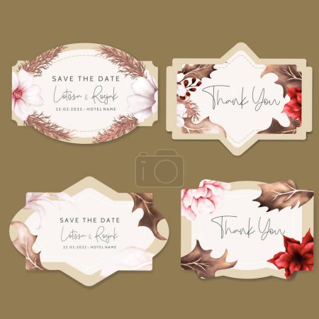 Illustration for Boho floral label collection with brown and red flower watercolor - Royalty Free Image