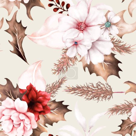 Illustration for Boho floral seamless pattern with brown and red flower - Royalty Free Image