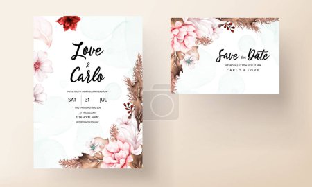 Illustration for Boho wedding invitation card with brown and red flower - Royalty Free Image