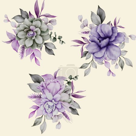 Ilustración de Púrpura y gris flor acuarela marco ramo floral - Imagen libre de derechos