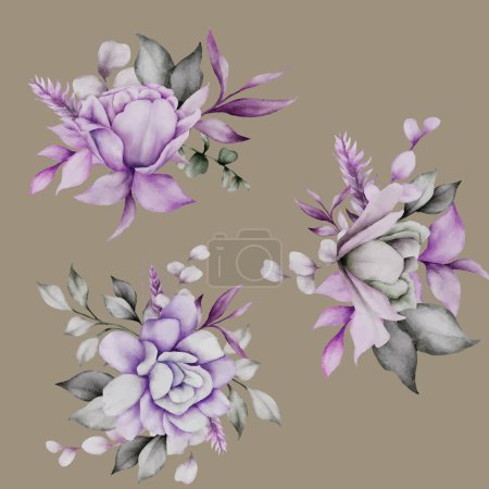 Téléchargez les illustrations : Violet et gris fleur aquarelle cadre bouquet floral - en licence libre de droit