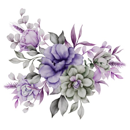 Illustration for Purple and grey flower watercolor frame bouquet floral - Royalty Free Image