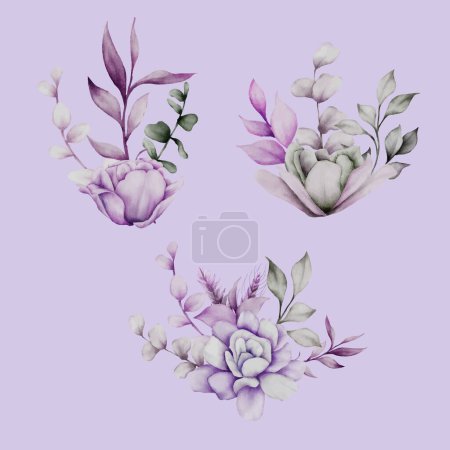 Téléchargez les illustrations : Violet et gris fleur aquarelle cadre bouquet floral - en licence libre de droit