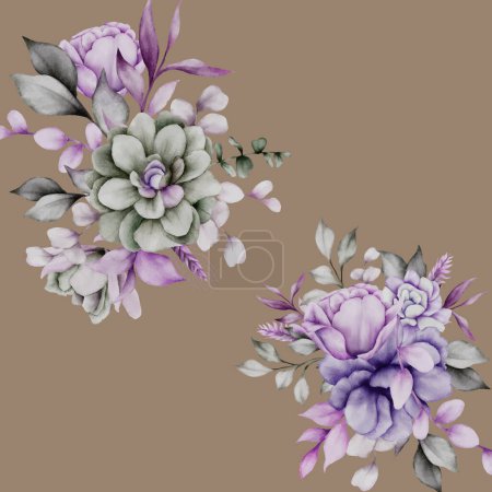 Illustration for Purple and grey flower watercolor frame bouquet floral - Royalty Free Image
