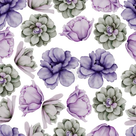 Ilustración de Púrpura y gris flor acuarela patrón sin costura - Imagen libre de derechos