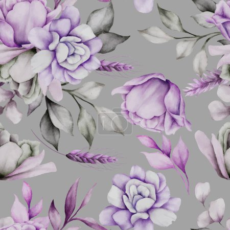 Illustration for Purple and grey flower watercolor seamless pattern - Royalty Free Image