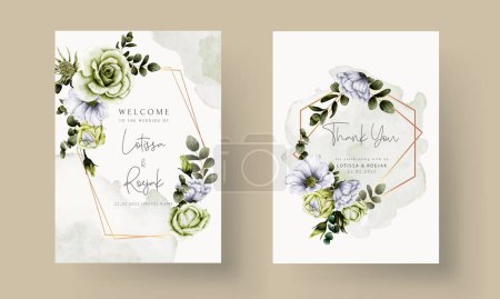 Téléchargez les illustrations : Vert frais fleur et blanc floral invitation modèle de carte - en licence libre de droit