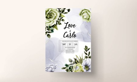 Téléchargez les illustrations : Carte d'invitation à l'aquarelle florale avec fleur rose blanche et verte - en licence libre de droit