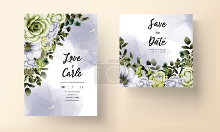 Illustration for Floral watercolor invitation card with white and green rose flower - Royalty Free Image