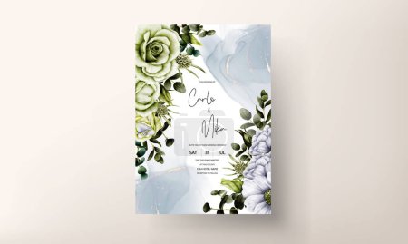 Illustration for Floral watercolor invitation card with white and green rose flower - Royalty Free Image