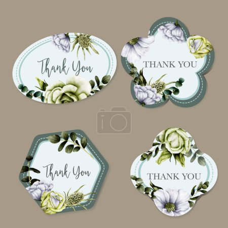 Illustration for Elegant greenery roses flower watercolor label collection - Royalty Free Image