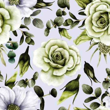 Illustration for Elegant greenery roses flower watercolor seamless pattern - Royalty Free Image