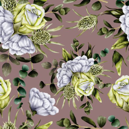 Illustration for Elegant greenery roses flower watercolor seamless pattern - Royalty Free Image