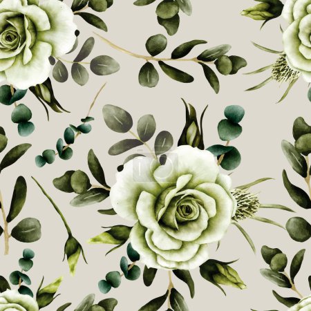 Téléchargez les illustrations : Élégant vert roses fleur aquarelle motif sans couture - en licence libre de droit