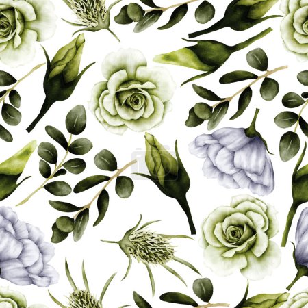 Téléchargez les illustrations : Élégant vert roses fleur aquarelle motif sans couture - en licence libre de droit