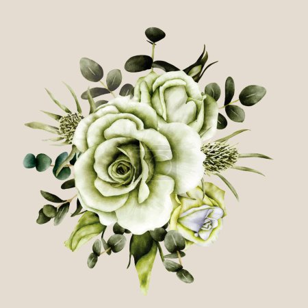Illustration for Greenery roses flower bouquet watercolor - Royalty Free Image