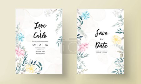 Téléchargez les illustrations : Belle fleur et feuilles carte d'invitation de mariage - en licence libre de droit